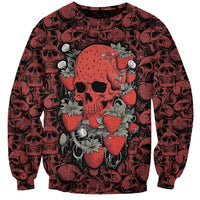 Red sweatshirt with skull and strawberry graphic pattern, long sleeves