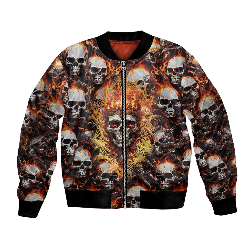 Multicolor bomber jacket with flaming skulls, full-zip front, ribbed cuffs and hem
