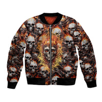 Multicolor bomber jacket with flaming skulls, full-zip front, ribbed cuffs and hem