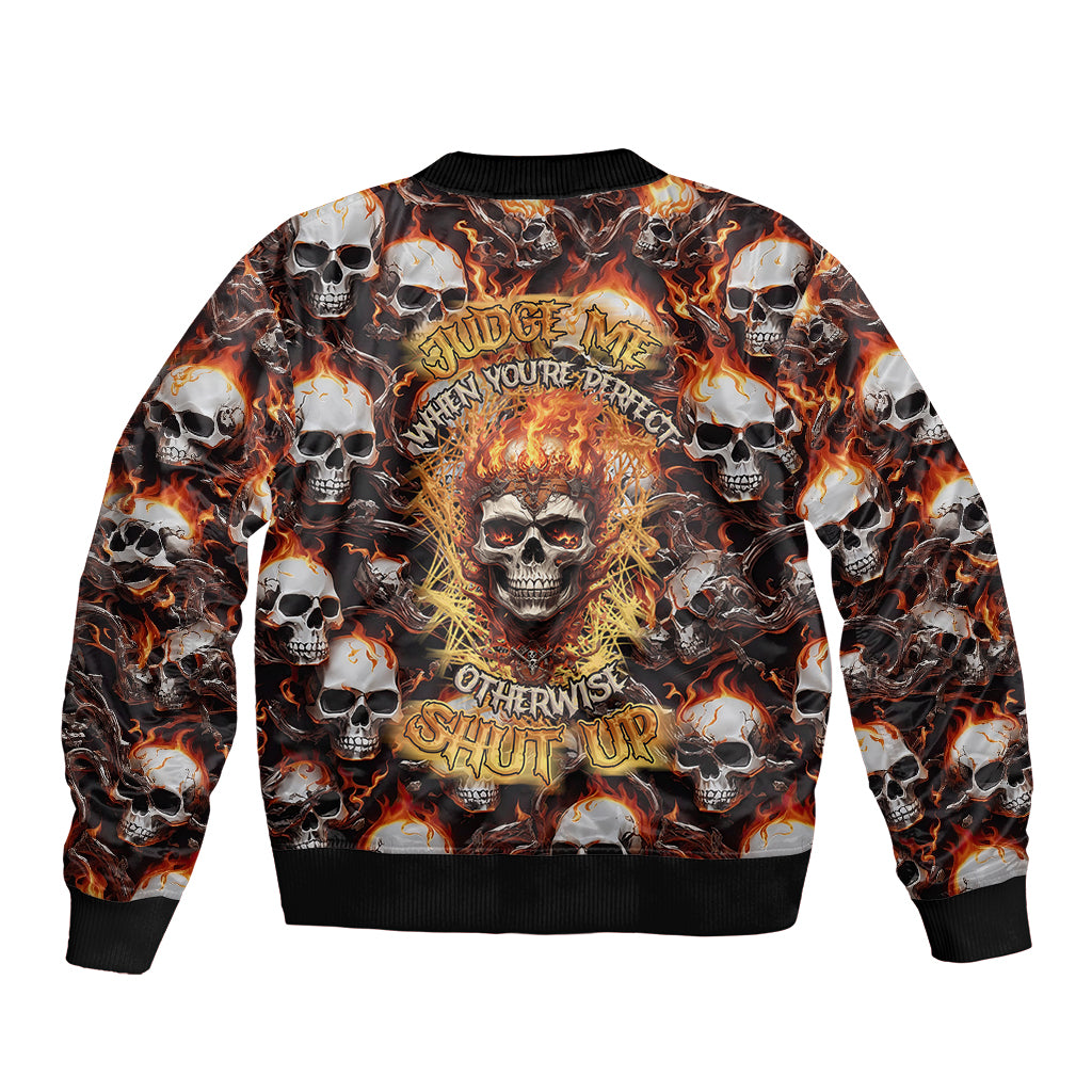 Multicolor bomber jacket with flaming skull graphics and bold front text on chest