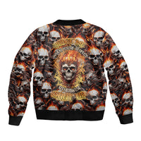 Multicolor bomber jacket with flaming skull graphics and bold front text on chest