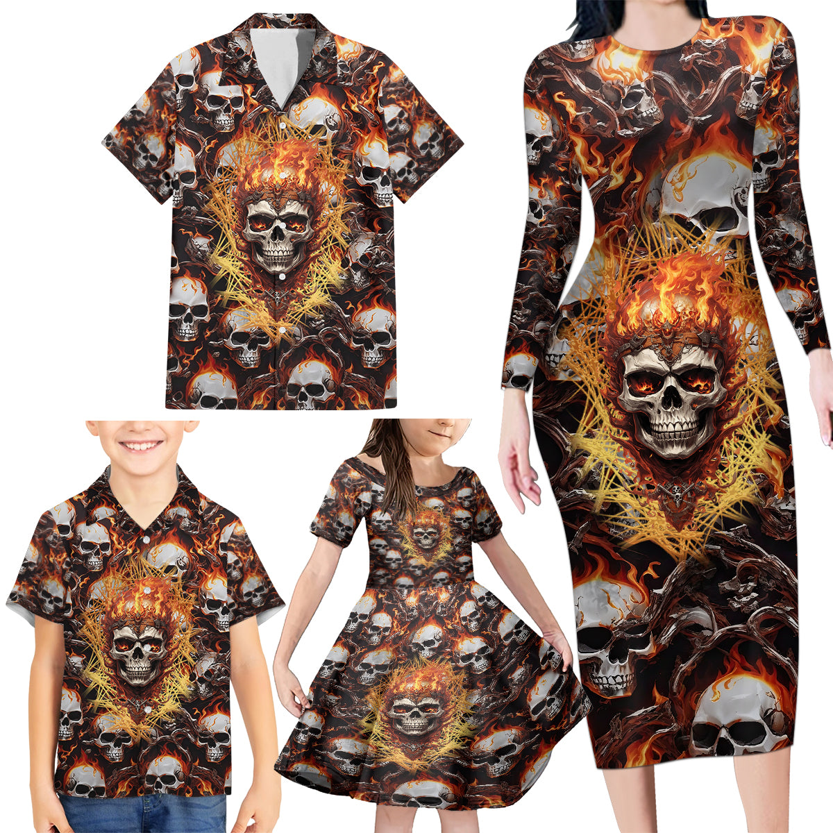 Flaming Skull Family Matching Long Sleeve Bodycon Dress and Hawaiian Shirt Judge Me When You're Perfect Otherwise Shut Up - Wonder Print Shop