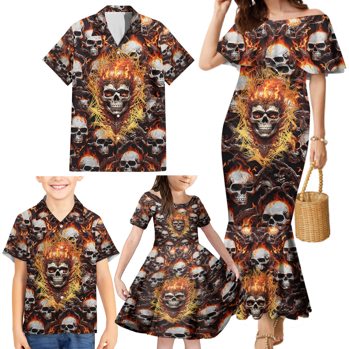 Flaming Skull Family Matching Mermaid Dress and Hawaiian Shirt Judge Me When You're Perfect Otherwise Shut Up - Wonder Print Shop