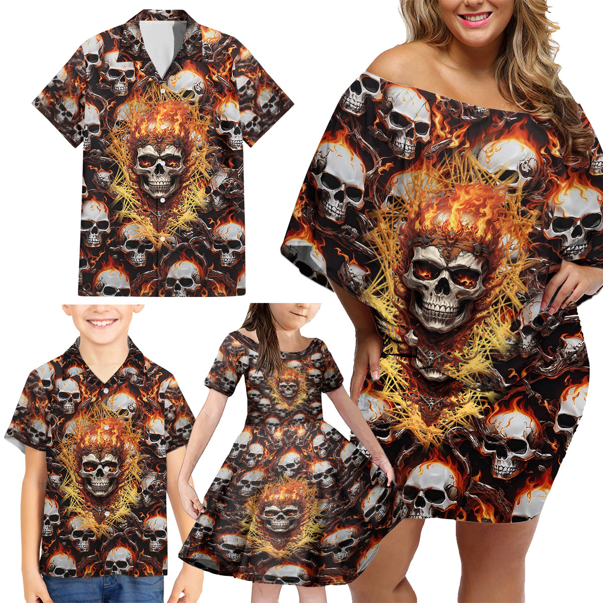 Flaming Skull Family Matching Off Shoulder Short Dress and Hawaiian Shirt Judge Me When You're Perfect Otherwise Shut Up - Wonder Print Shop