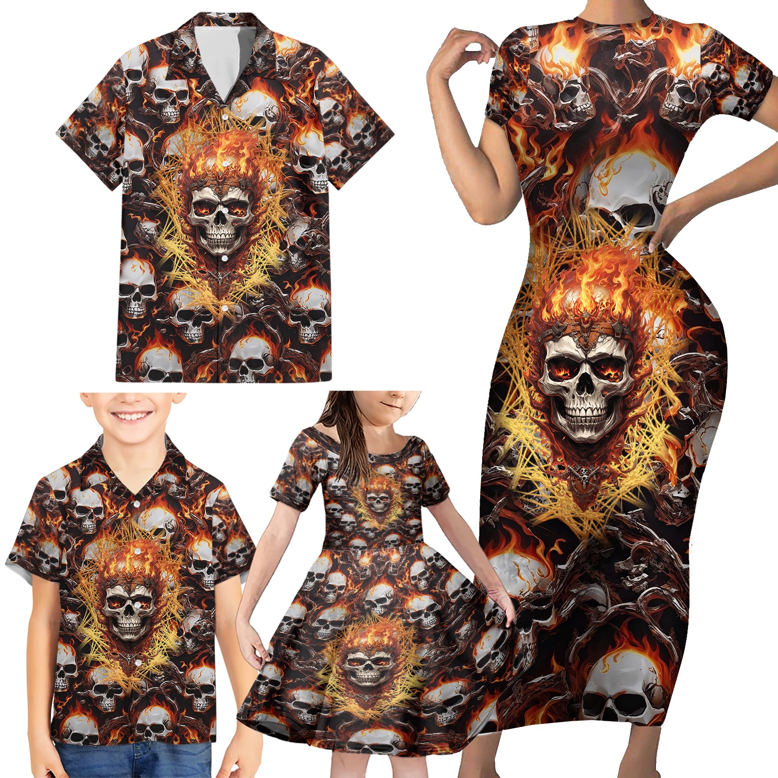 Flaming Skull Family Matching Short Sleeve Bodycon Dress and Hawaiian Shirt Judge Me When You're Perfect Otherwise Shut Up - Wonder Print Shop