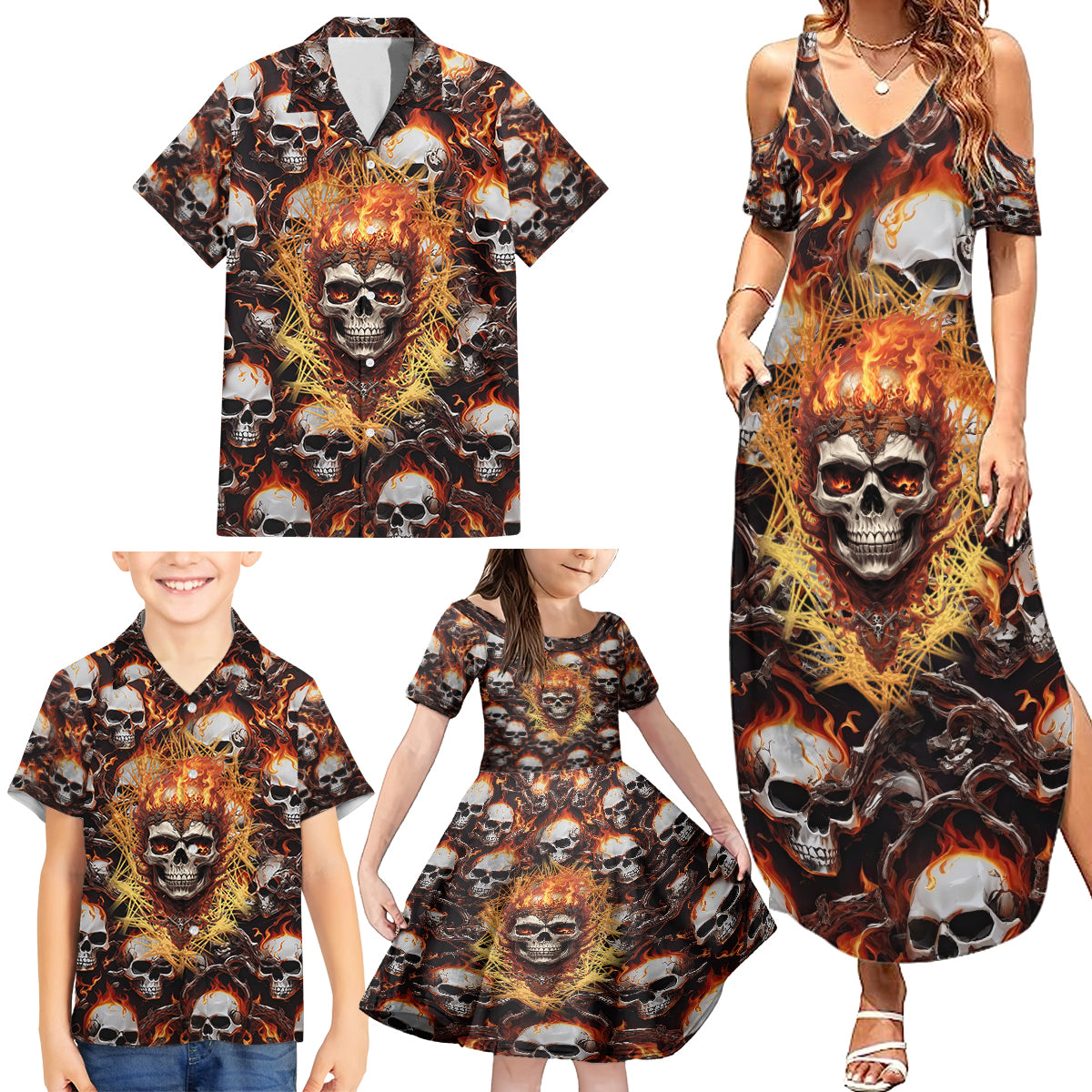 Flaming Skull Family Matching Summer Maxi Dress and Hawaiian Shirt Judge Me When You're Perfect Otherwise Shut Up - Wonder Print Shop