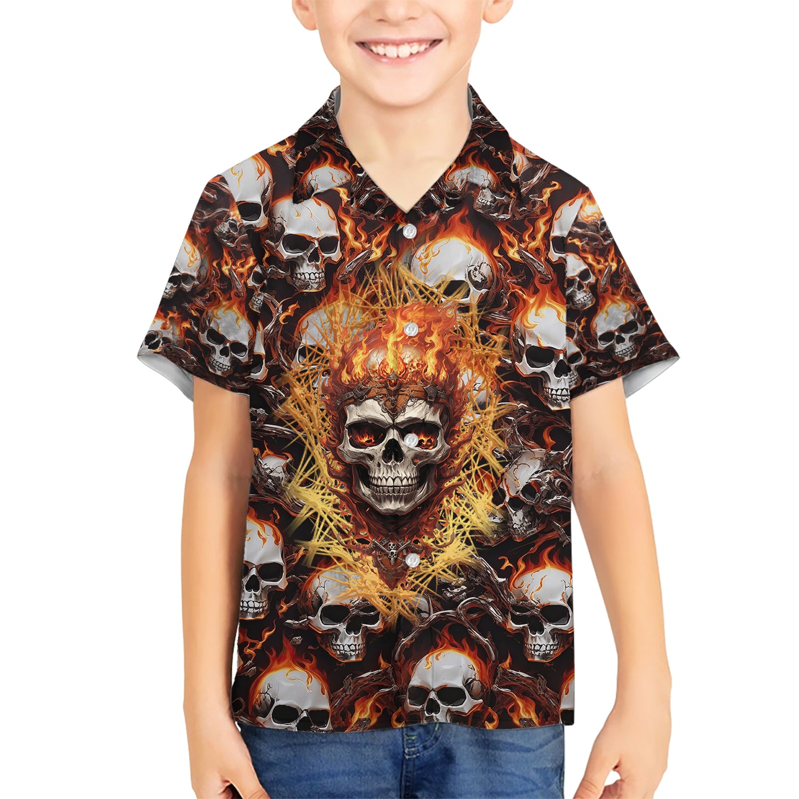 Flaming Skull Kid Hawaiian Shirt Judge Me When You're Perfect Otherwise Shut Up - Wonder Print Shop