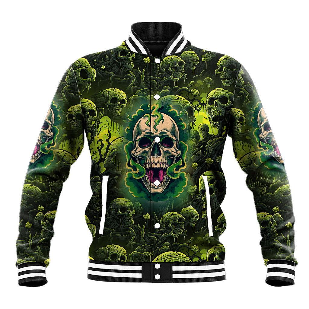 Green skull graphic unisex baseball jacket with striped ribbed collar and cuffs