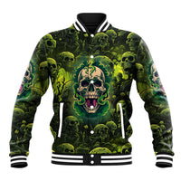 Green skull graphic unisex baseball jacket with striped ribbed collar and cuffs