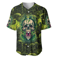 Green zombie skull baseball jersey with swirling ink graphic and button placket