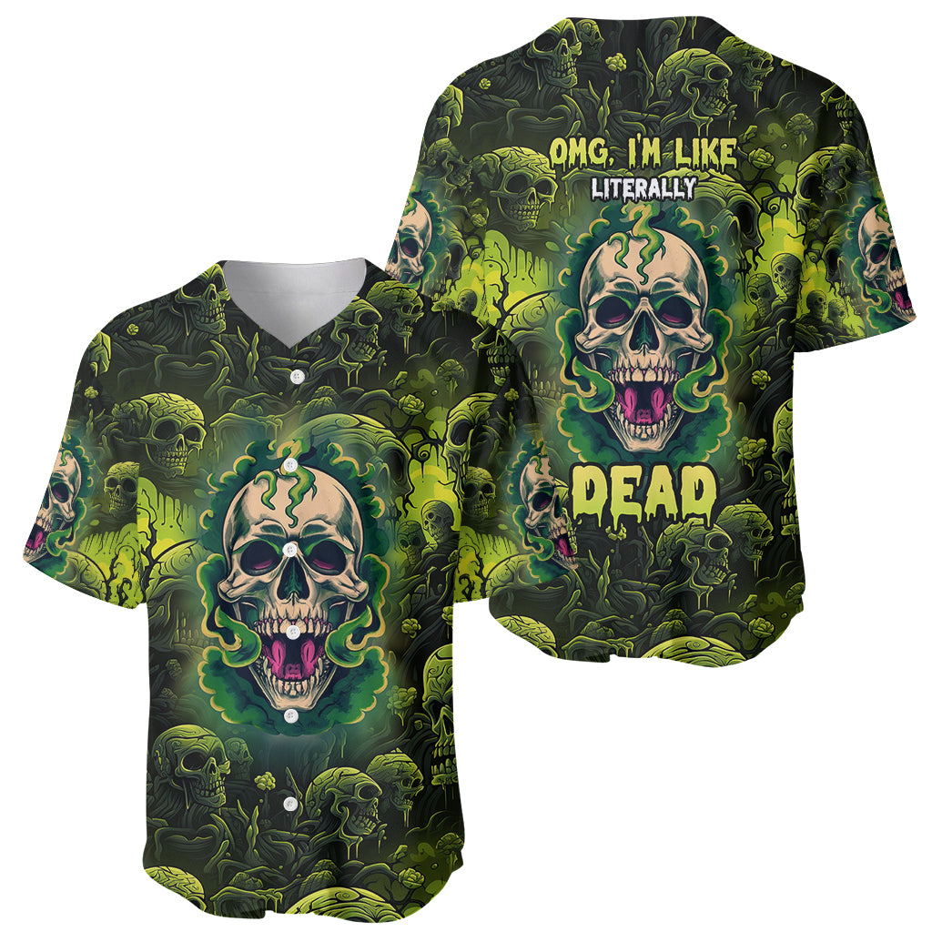 Two green zombie skull baseball jerseys with 'OMG, I'M LIKE LITERALLY DEAD' text