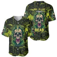 Two green zombie skull baseball jerseys with 'OMG, I'M LIKE LITERALLY DEAD' text