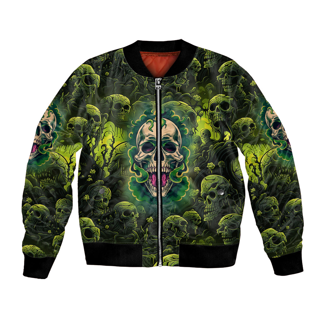 Unisex bomber jacket with green skull print, front zip and ribbed cuffs