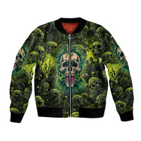 Unisex bomber jacket with green skull print, front zip and ribbed cuffs