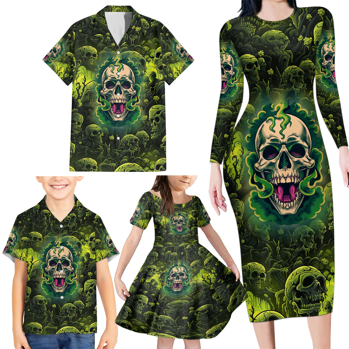 Zombie Skull Family Matching Long Sleeve Bodycon Dress and Hawaiian Shirt I'm Like Literally Dead - Wonder Print Shop