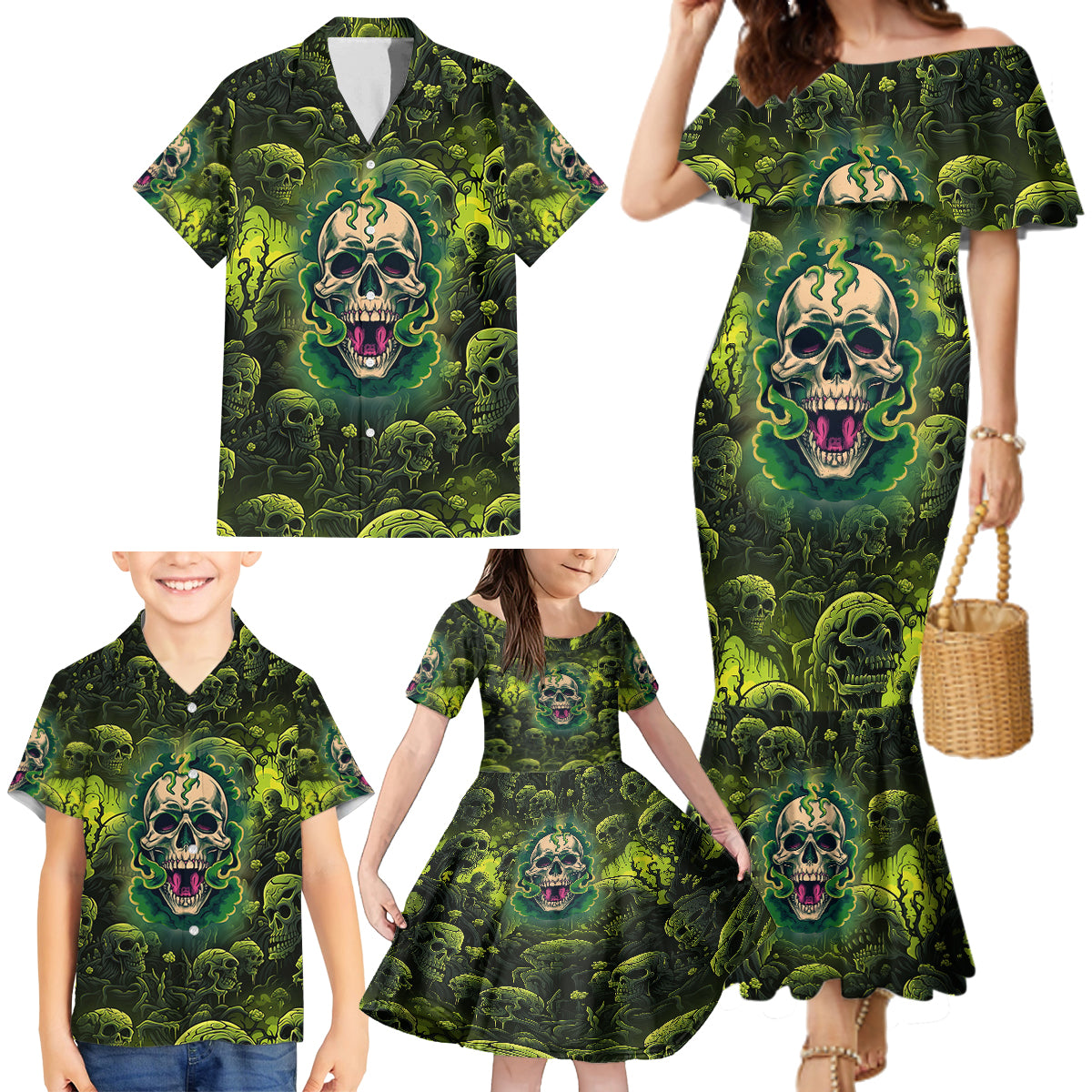 Zombie Skull Family Matching Mermaid Dress and Hawaiian Shirt I'm Like Literally Dead - Wonder Print Shop