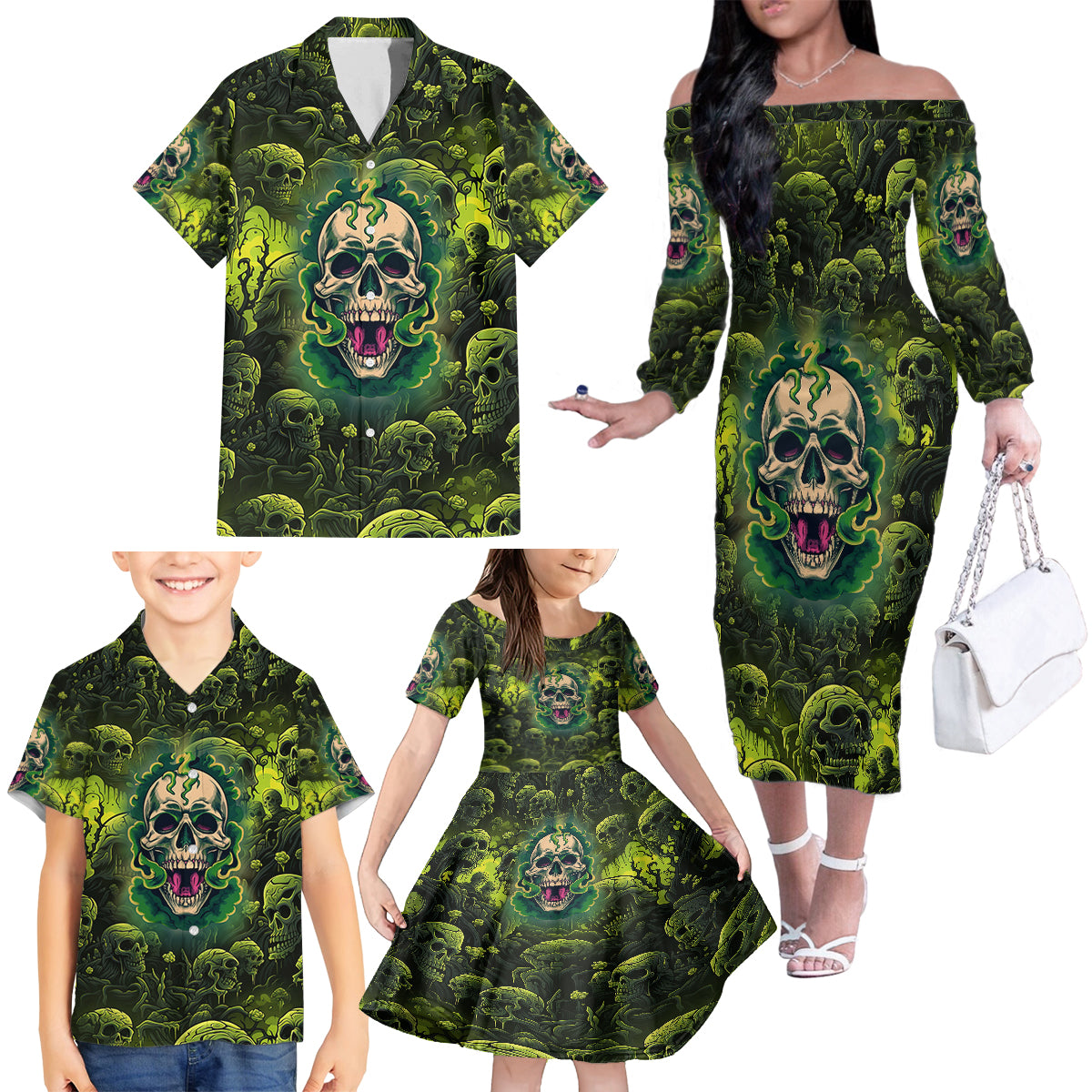 Zombie Skull Family Matching Off Shoulder Long Sleeve Dress and Hawaiian Shirt I'm Like Literally Dead - Wonder Print Shop