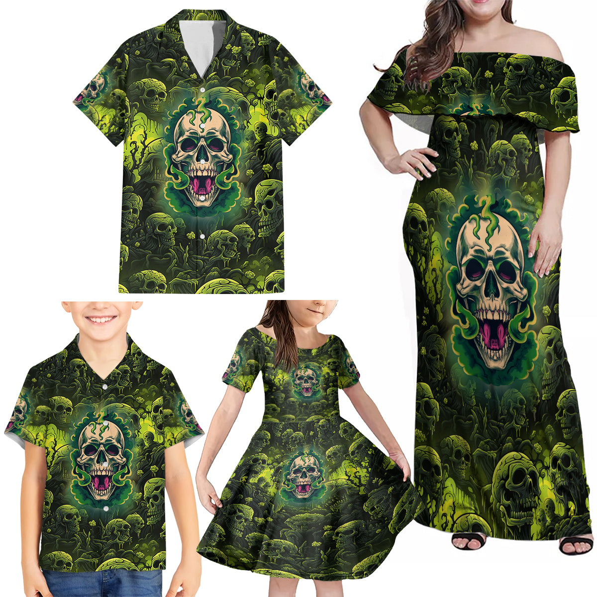 Zombie Skull Family Matching Off Shoulder Maxi Dress and Hawaiian Shirt I'm Like Literally Dead - Wonder Print Shop