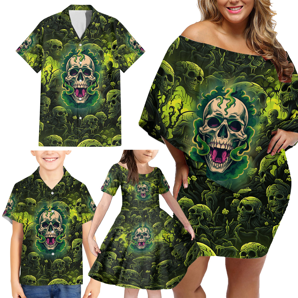 Zombie Skull Family Matching Off Shoulder Short Dress and Hawaiian Shirt I'm Like Literally Dead - Wonder Print Shop