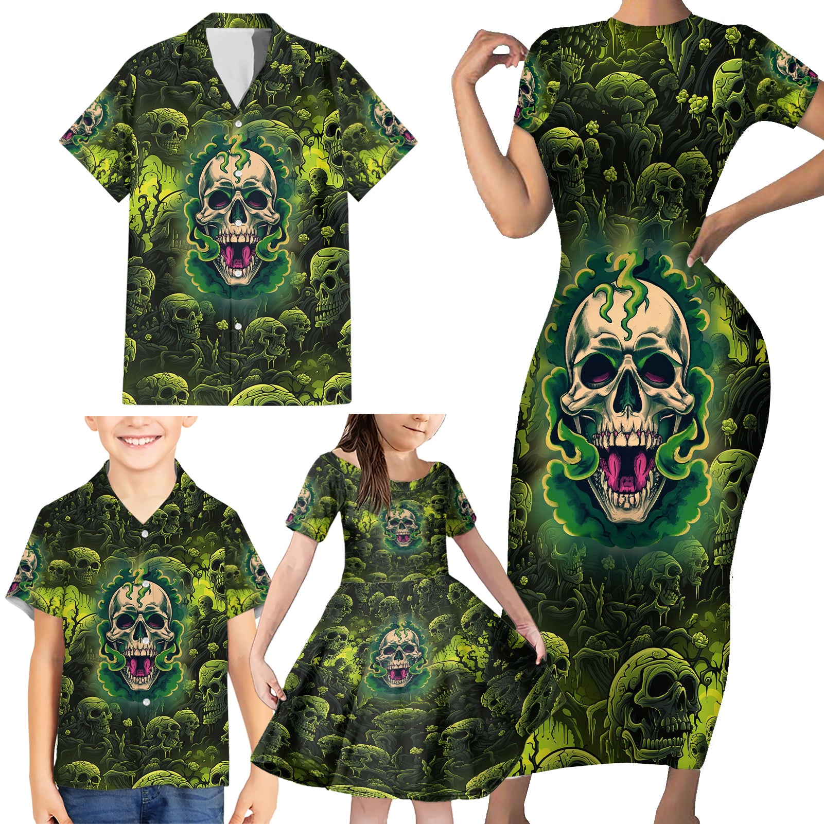 Zombie Skull Family Matching Short Sleeve Bodycon Dress and Hawaiian Shirt I'm Like Literally Dead - Wonder Print Shop