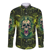 Long sleeve button shirt with green skull and monster pattern, dark base