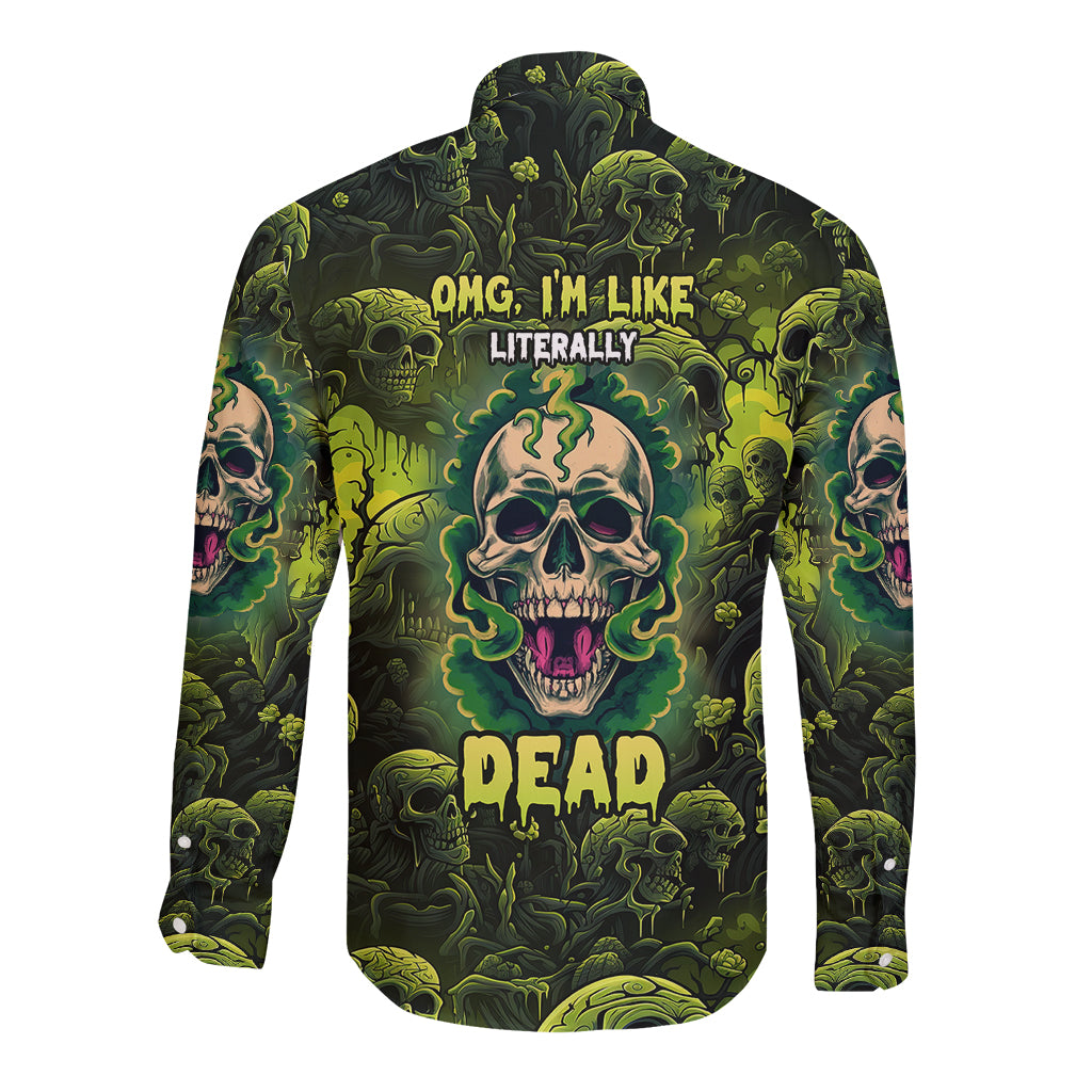 Long sleeve button shirt with OMG text and green skull graphic, dark multicolor