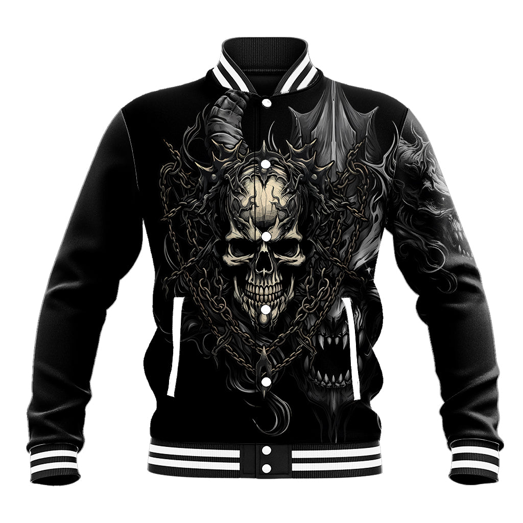 Black unisex baseball jacket with demon skull front graphic, snap buttons, striped rib collar/cuffs
