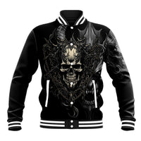 Black unisex baseball jacket with demon skull front graphic, snap buttons, striped rib collar/cuffs