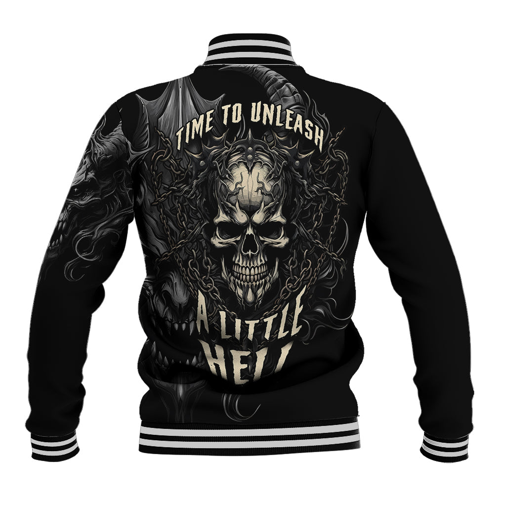Black unisex baseball jacket with demon skull back graphic, striped rib collar and hem cuffs