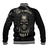 Black unisex baseball jacket with demon skull back graphic, striped rib collar and hem cuffs
