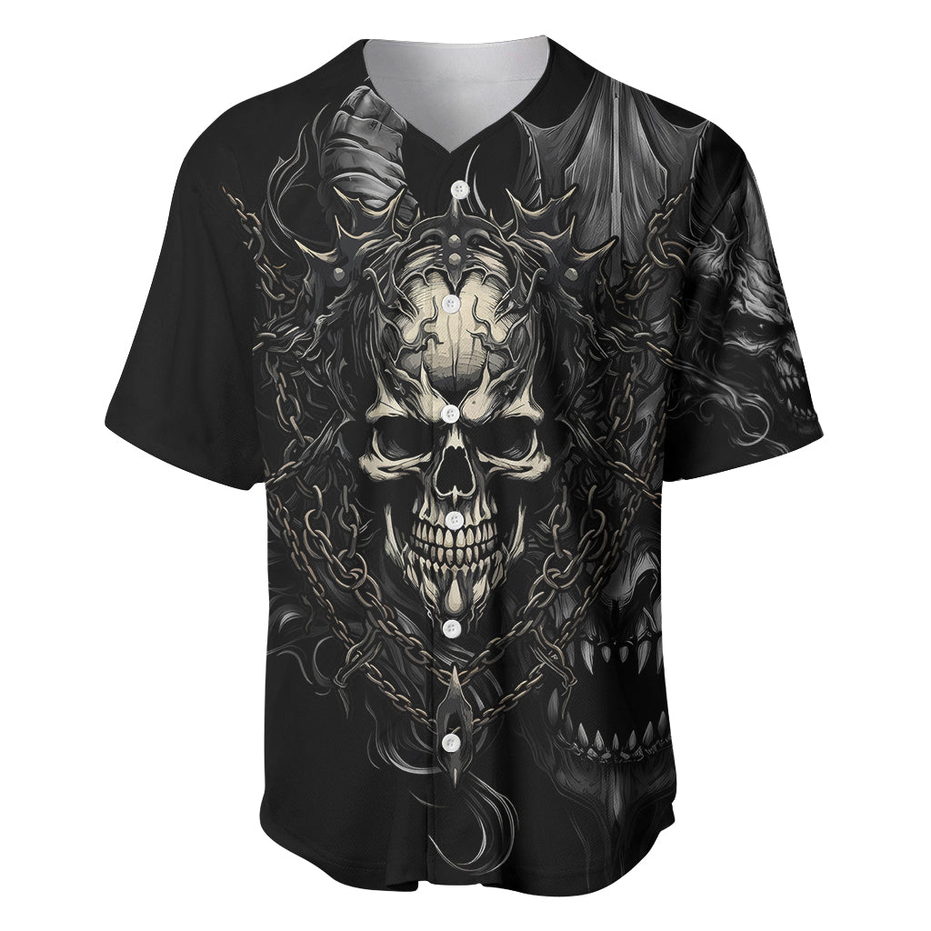 Black fantasy baseball jersey with skull demon front graphic and chain details