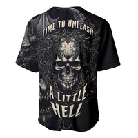 Black fantasy baseball jersey back with 'TIME TO UNLEASH A LITTLE HELL' skull art