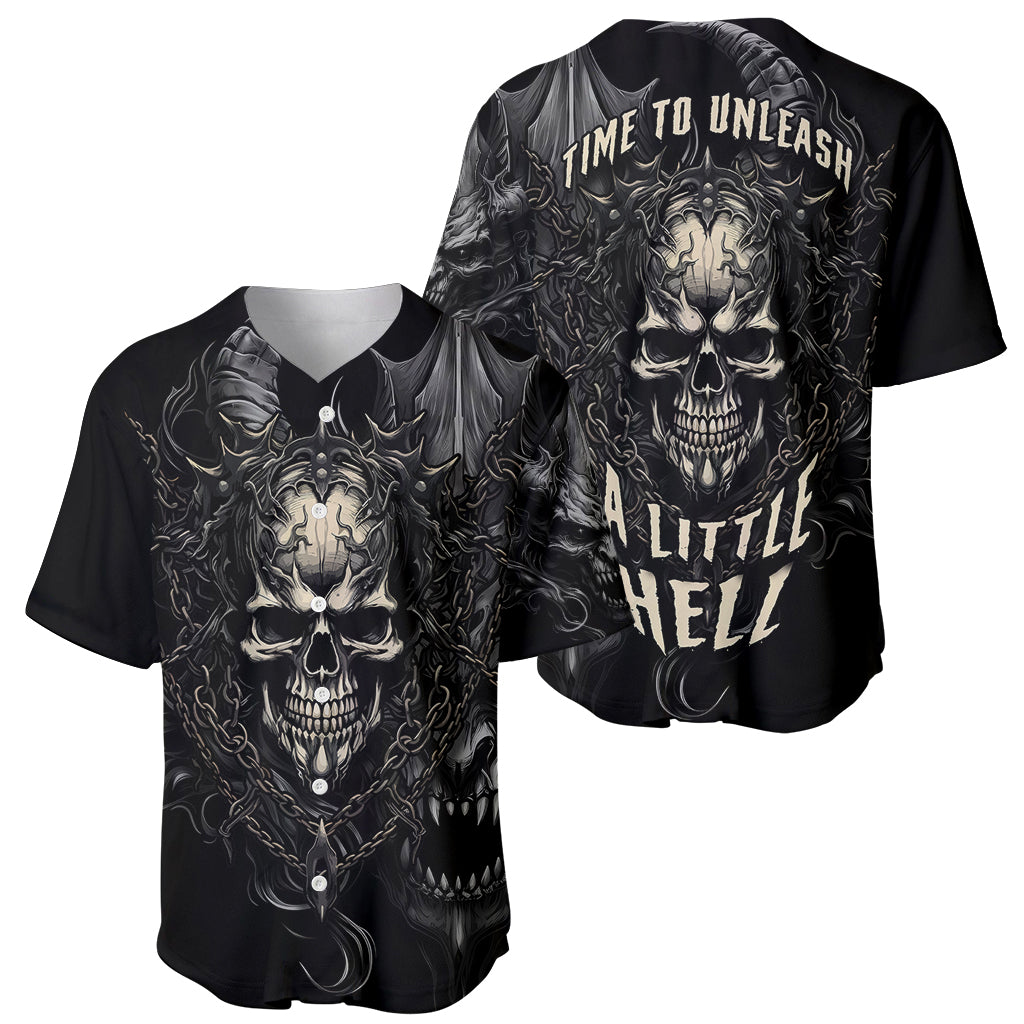 Black fantasy baseball jersey set: front skull demon, back 'TIME TO UNLEASH A LITTLE HELL'