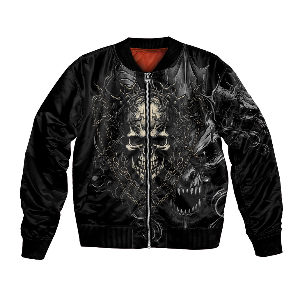 Unisex black bomber jacket with skull demon graphic and front zipper