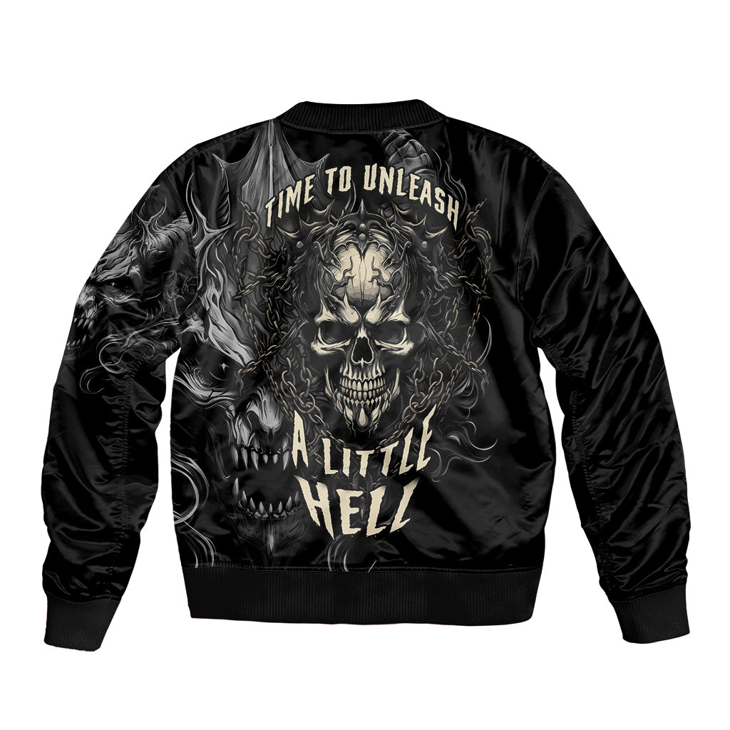 Unisex black bomber jacket with back text 'TIME TO UNLEASH' and skull graphic