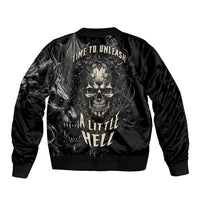 Unisex black bomber jacket with back text 'TIME TO UNLEASH' and skull graphic