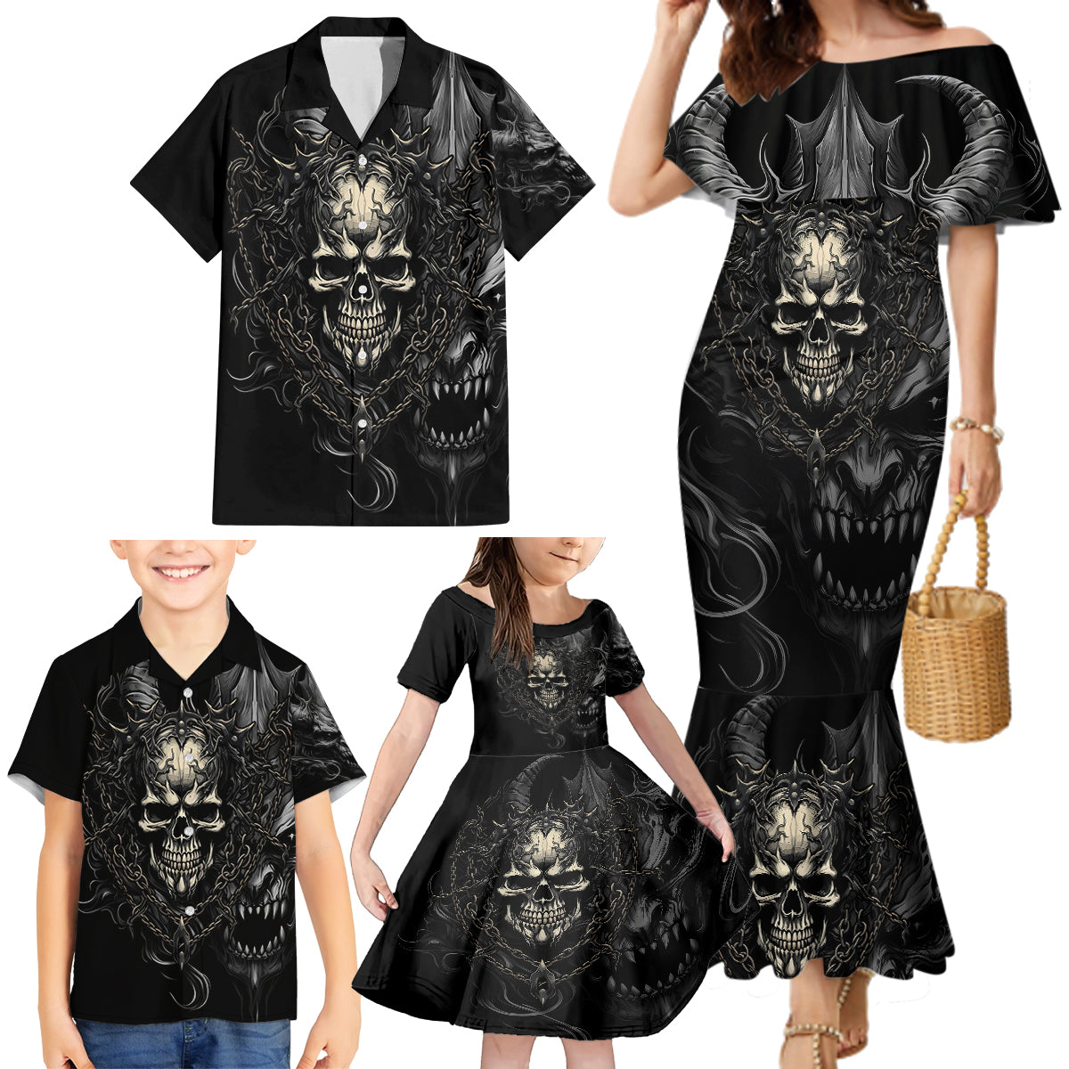 Skull Demon Fantasy Family Matching Mermaid Dress and Hawaiian Shirt Time To Unleash A Litte Hell - Wonder Print Shop