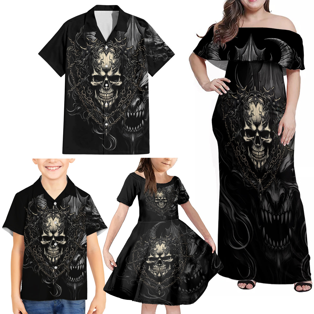 Skull Demon Fantasy Family Matching Off Shoulder Maxi Dress and Hawaiian Shirt Time To Unleash A Litte Hell - Wonder Print Shop