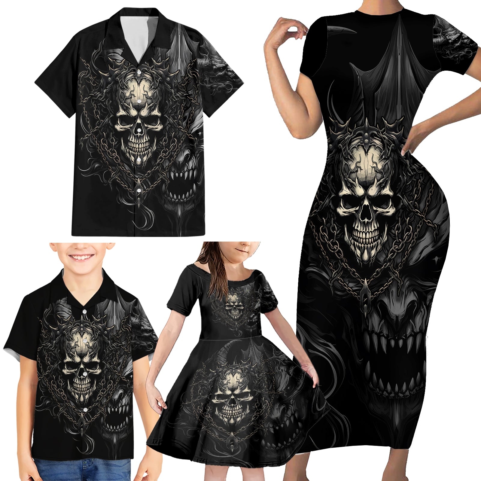 Skull Demon Fantasy Family Matching Short Sleeve Bodycon Dress and Hawaiian Shirt Time To Unleash A Litte Hell - Wonder Print Shop