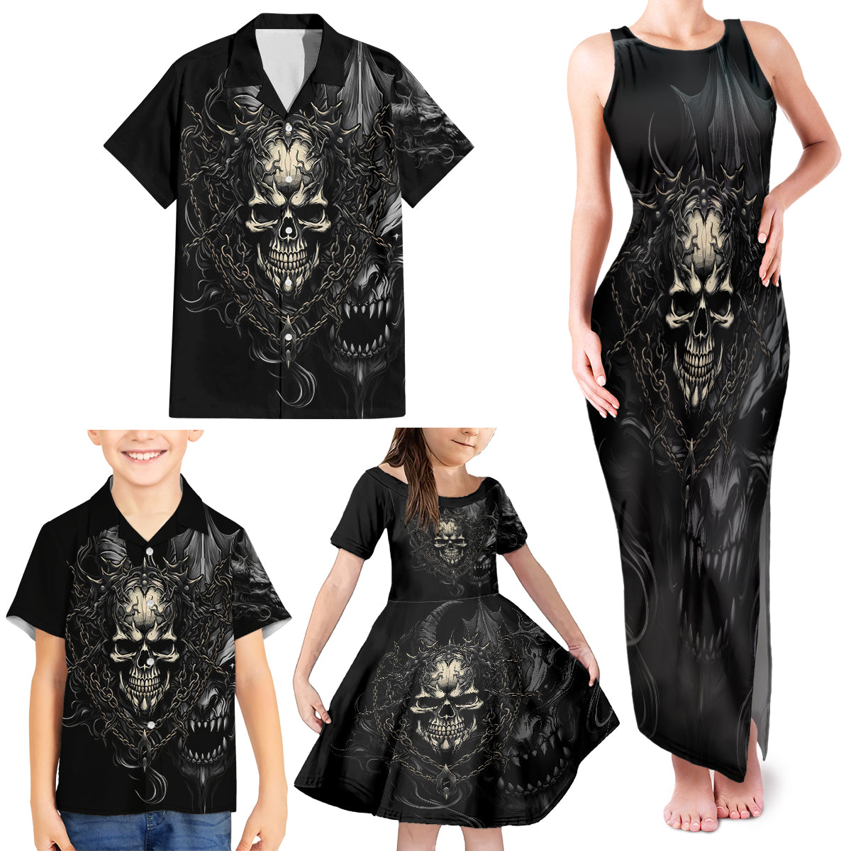 Skull Demon Fantasy Family Matching Tank Maxi Dress and Hawaiian Shirt Time To Unleash A Litte Hell - Wonder Print Shop