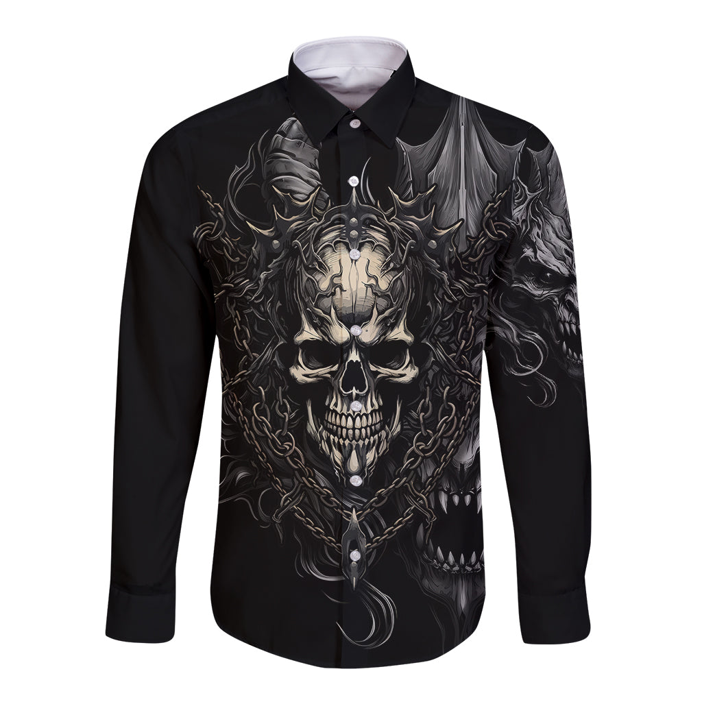 Black long-sleeve button shirt with skull demon graphic, chains and flames front