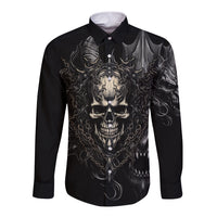 Black long-sleeve button shirt with skull demon graphic, chains and flames front
