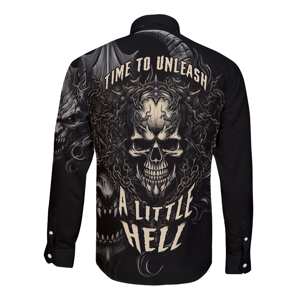 Black long-sleeve button shirt, back skull graphic with slogan 'Time to Unleash a Little Hell'