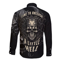 Black long-sleeve button shirt, back skull graphic with slogan 'Time to Unleash a Little Hell'