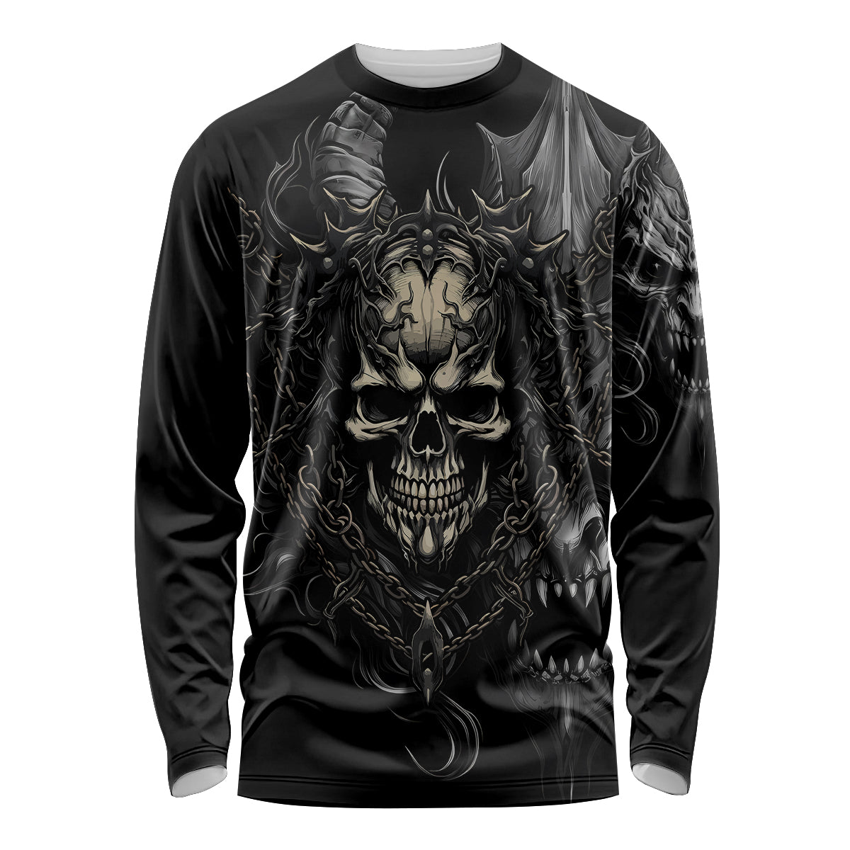 Unisex black long-sleeve shirt with demon skull and chain graphic