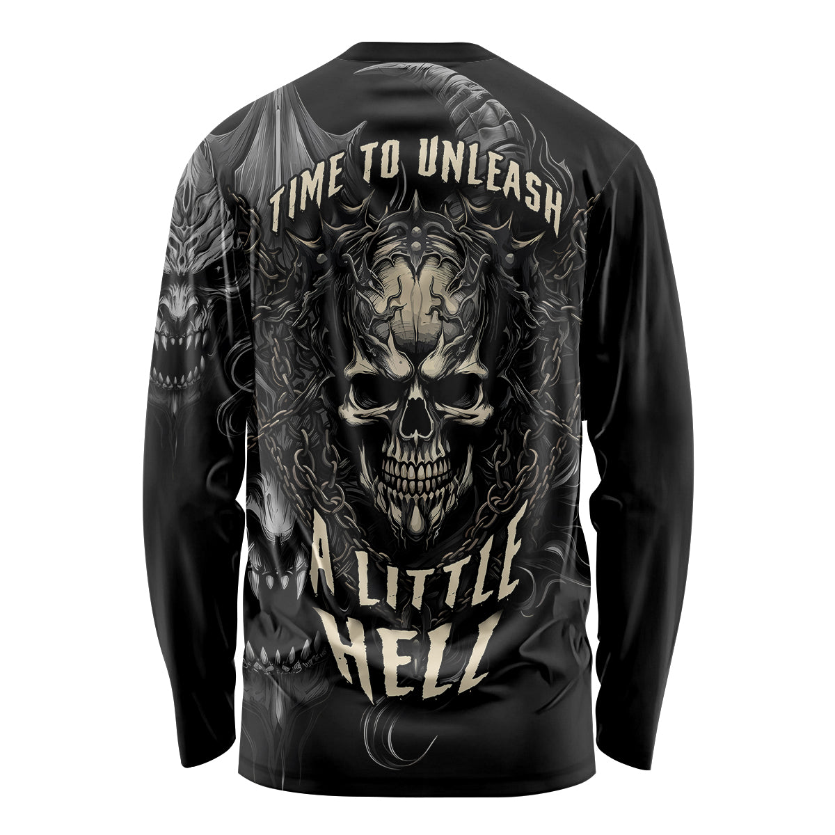 Unisex black long-sleeve shirt with “Time to Unleash” skull back text