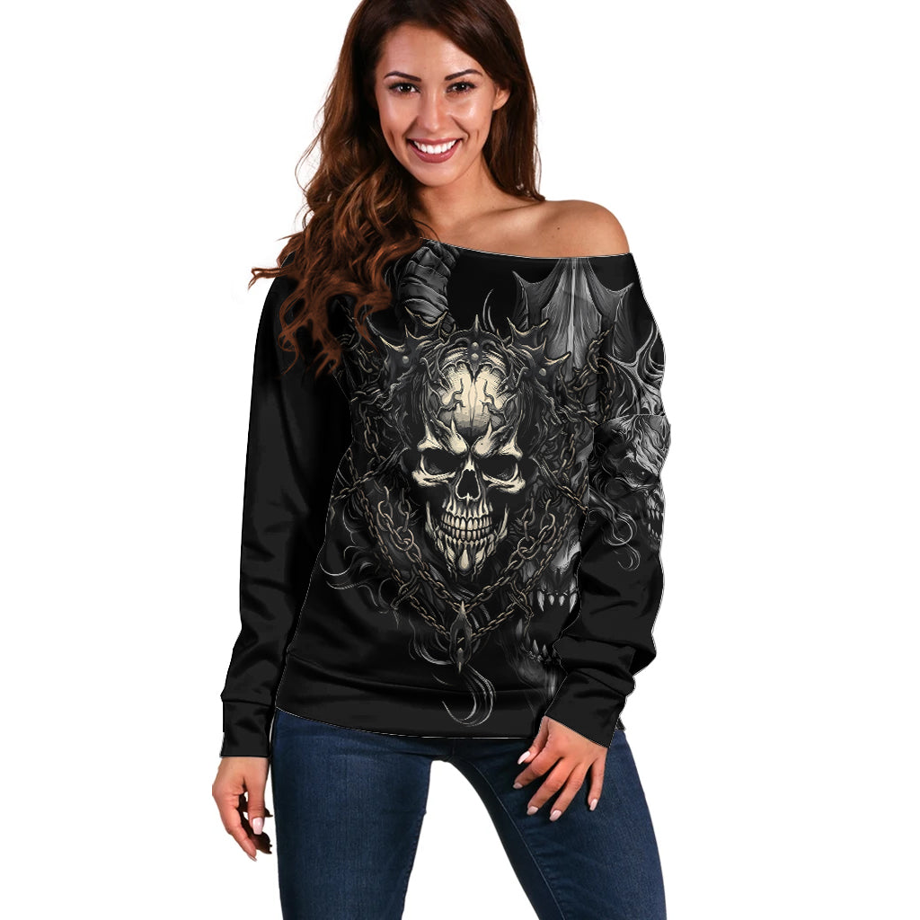 Skull Demon Fantasy Off Shoulder Sweater Time To Unleash A Litte Hell - Wonder Print Shop