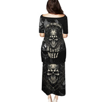 Black long dress with back text 'TIME TO UNLEASH HELL' and skull print