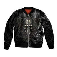 Black unisex bomber jacket with zip front and large demonic skull graphic