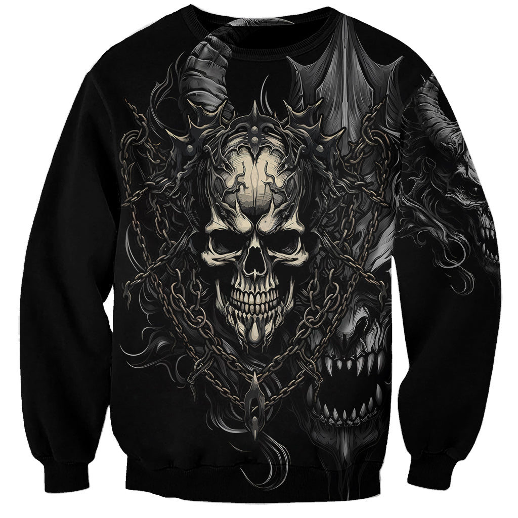 Black unisex sweatshirt with skull-demon graphic and chain flames front